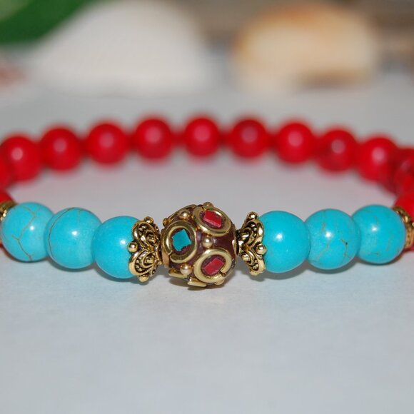 Tuquoise Bracelet,Red Howlite Bracelet,Tibetan Bracelet,Bronze Charm - Picture 2 of 2
